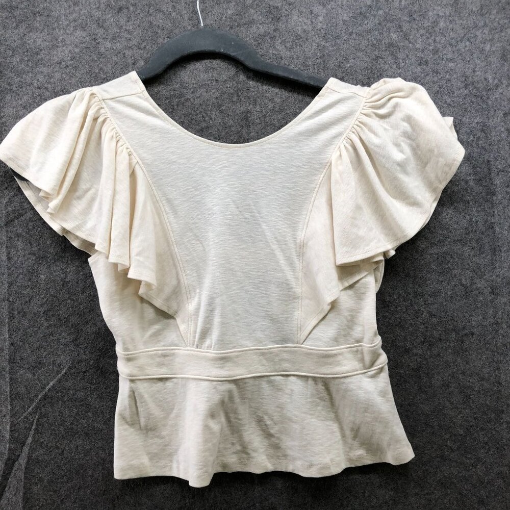 Banana Republic‎ Ruffle Short Sleeve Peplum Top Womens XS Ivory Knit Open Back